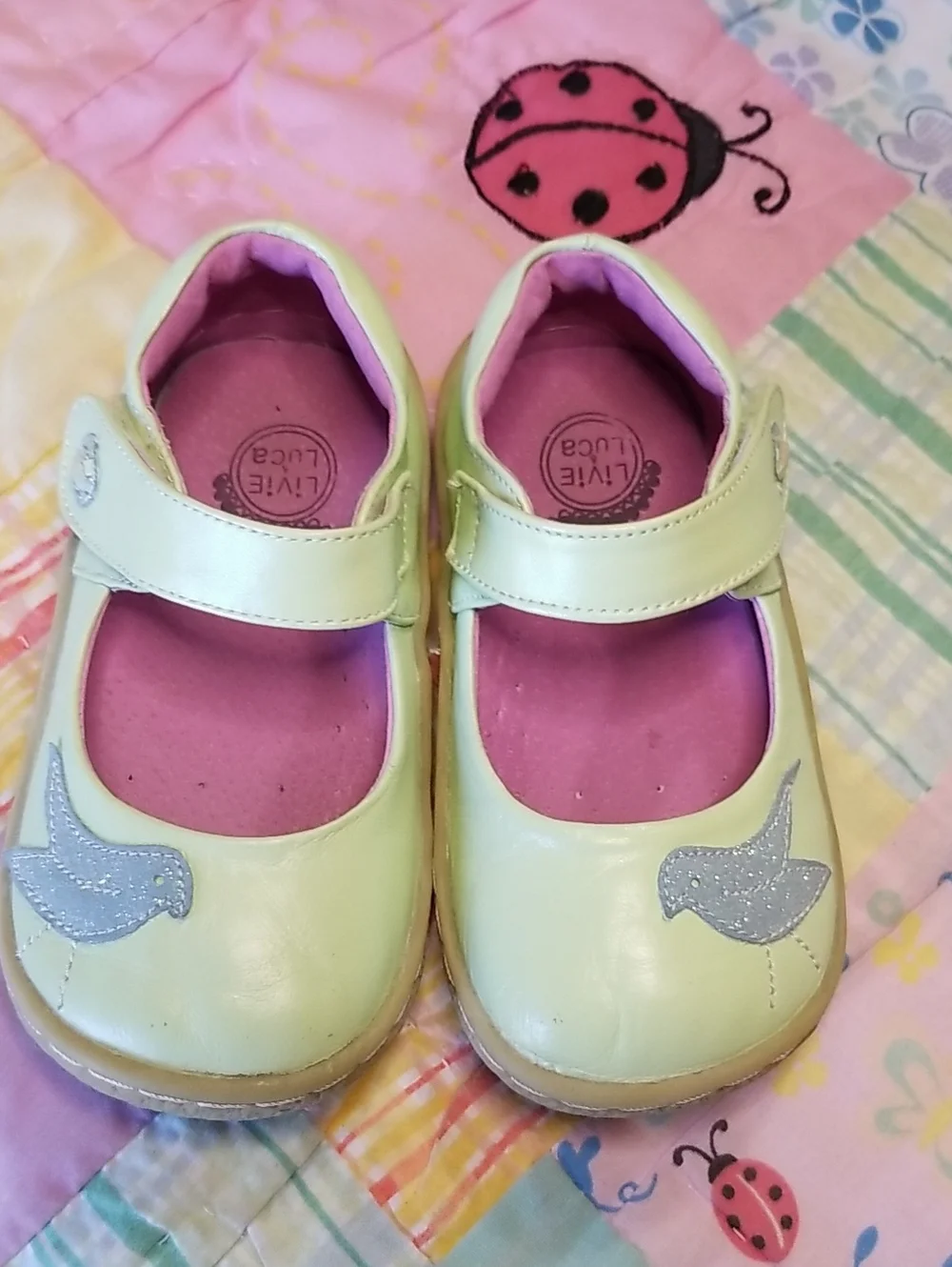 Livie & Luca Mint Green Leather Mary Janes with Blue Glitter Bird Size 7 Pio Pio